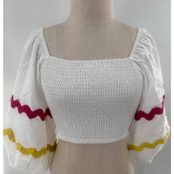 Palms Away Look Again Crop Top Womens Small White Puff Sleeve Square Neck Size M - Picture 6 of 7